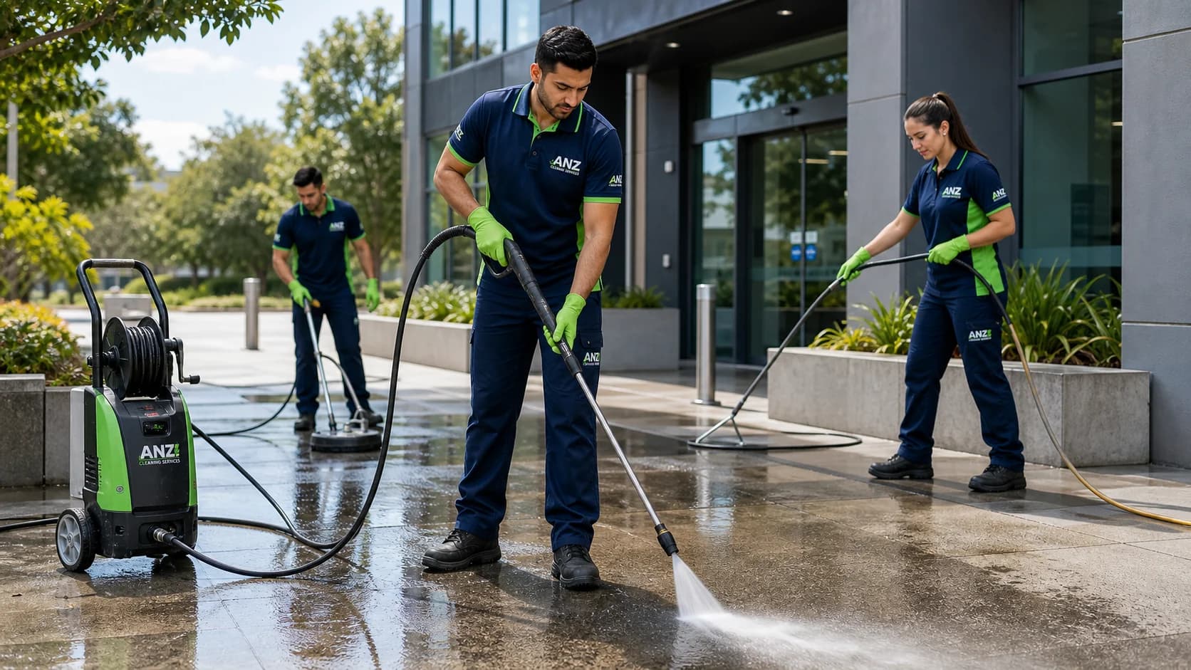 ANZ high-pressure cleaning rig washing down a Parramatta commercial entryway